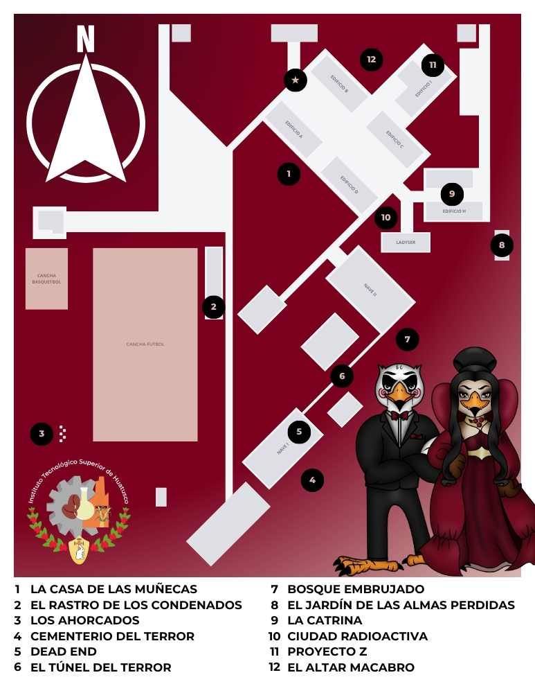 Croquis de las doce estaciones del recorrido del terror del ITSH