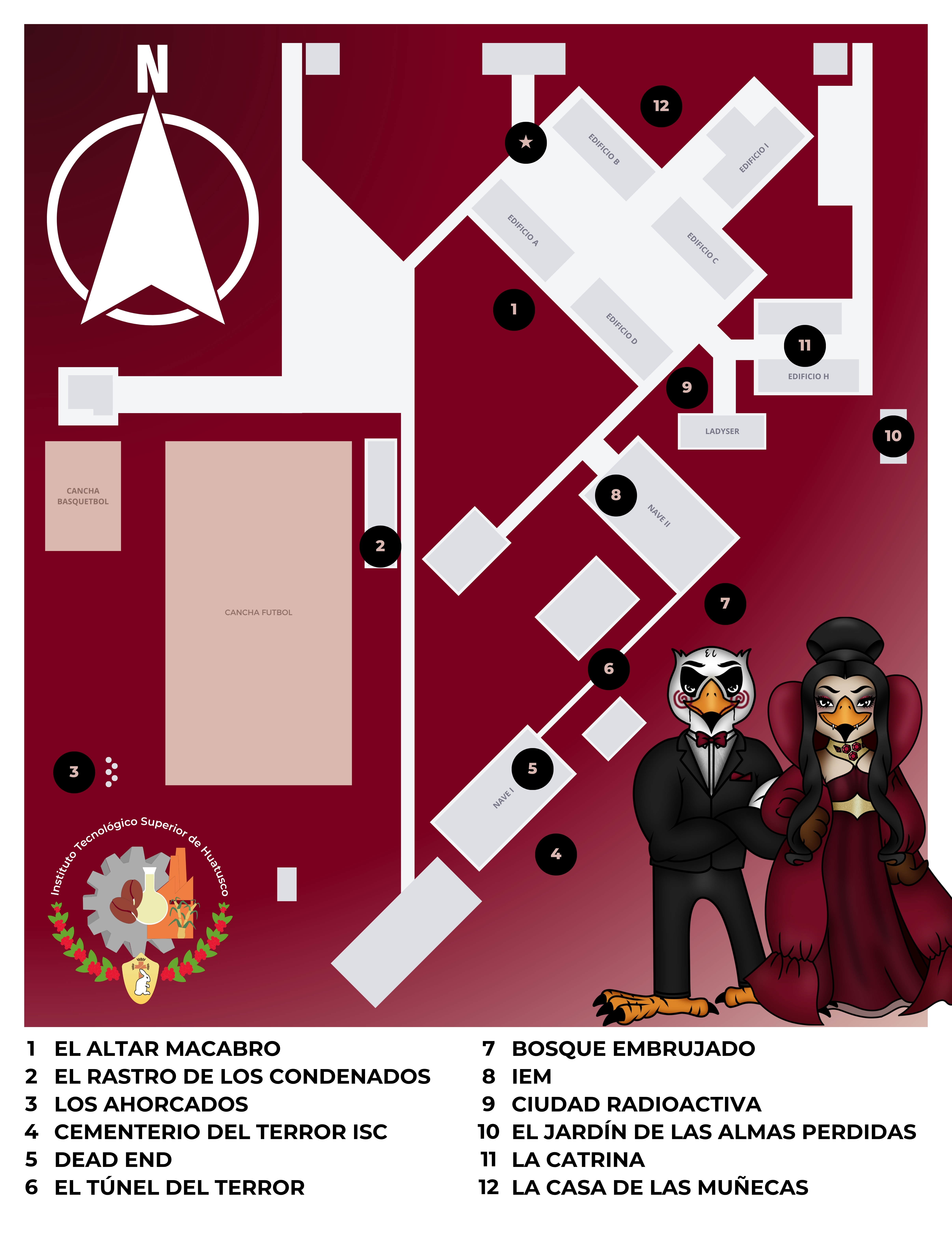 Croquis de las doce estaciones del recorrido del terror del ITSH